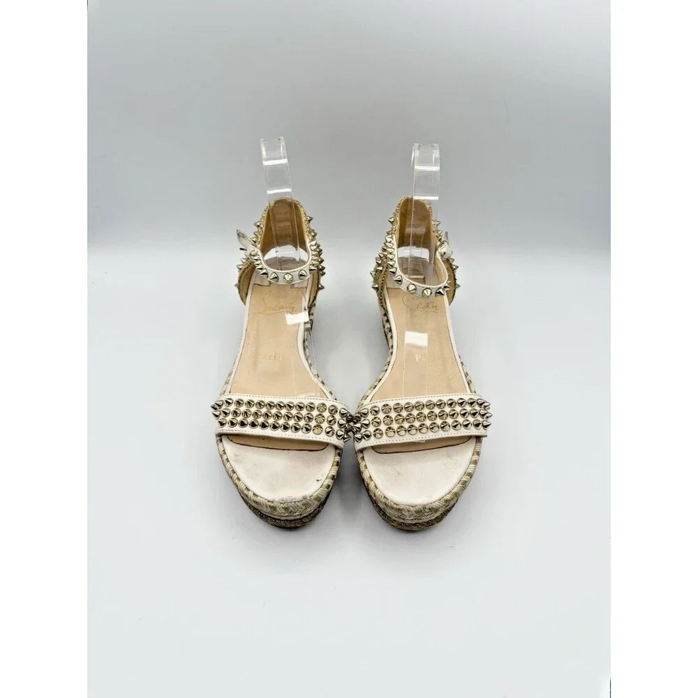 Christian Louboutin Madmonica 60 White Leather Gold Spike Wedge Espadrille EU 37